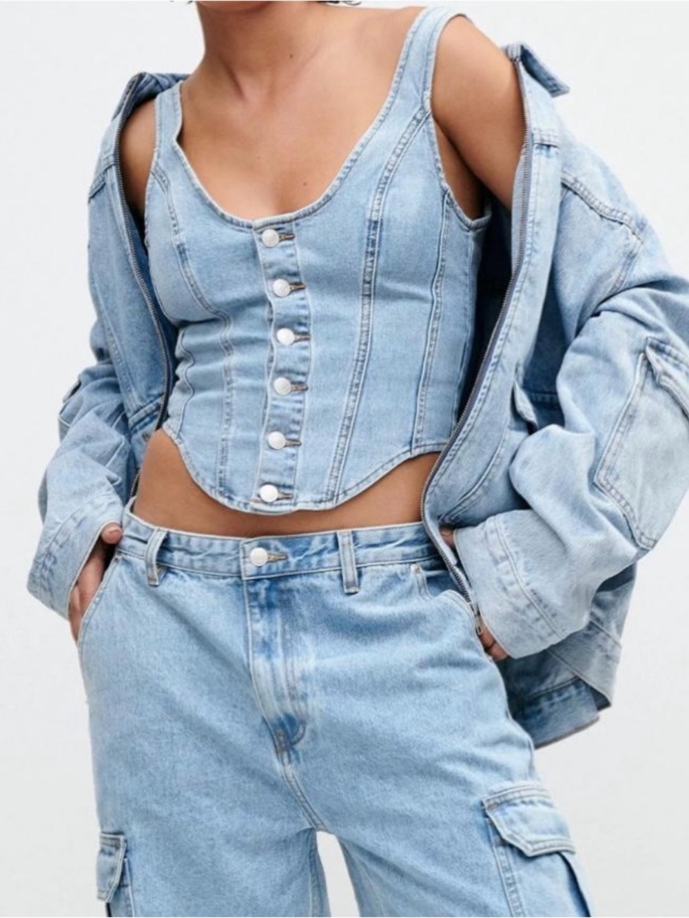 Meshki Light Wash Denim Corset Top - Light Blue